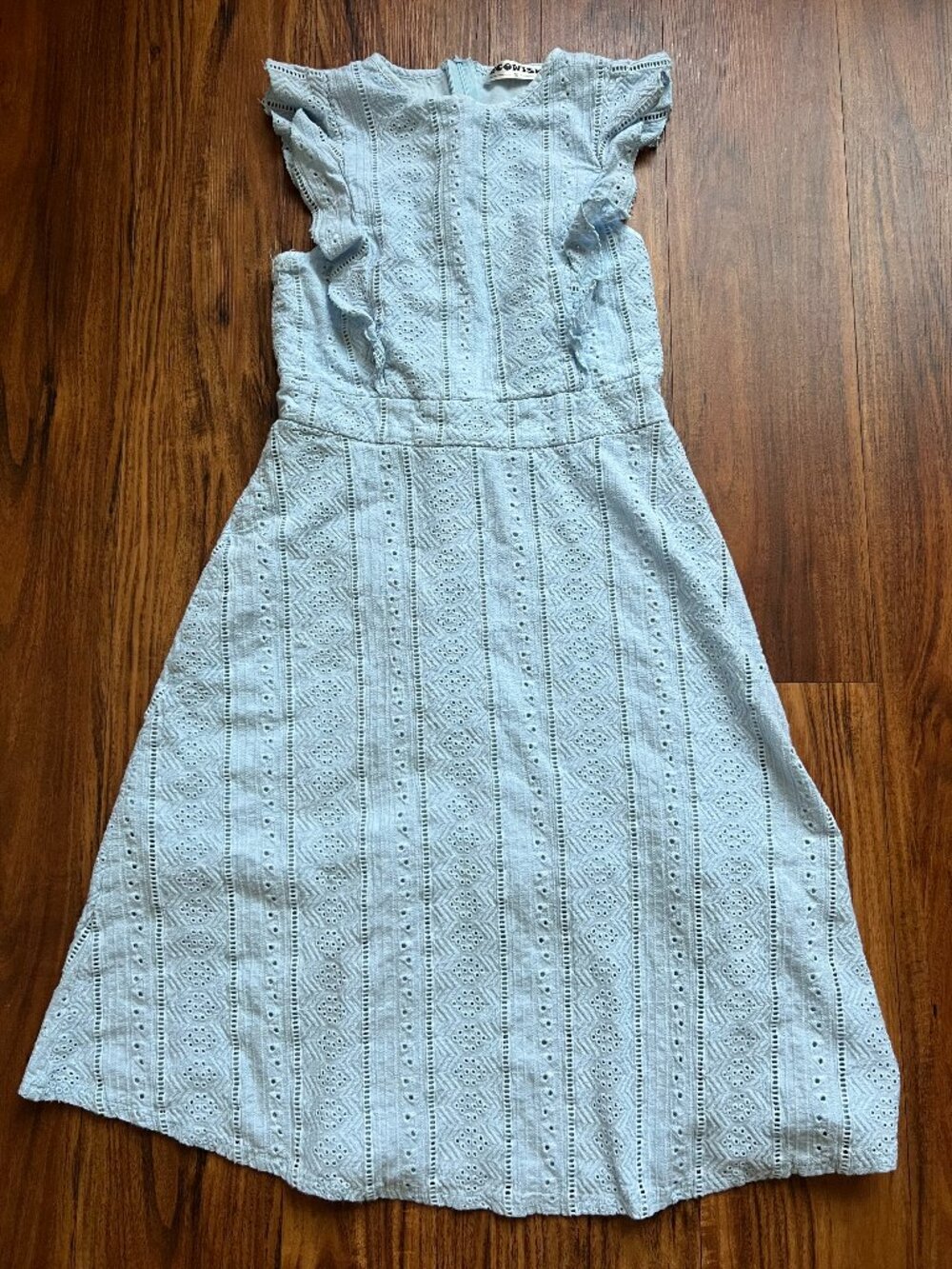 ECOWISH Blue Eyelet Dress Women’s Small Ruffle Sleeve Cotton Midi Cottagecore